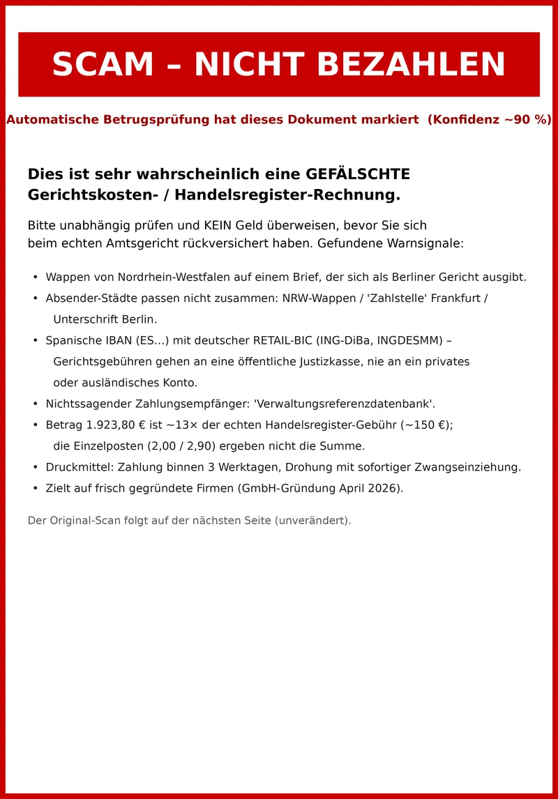 Die automatisch eingefügte Warnseite – im konkreten Fall: rund 90 % Betrugswahrscheinlichkeit