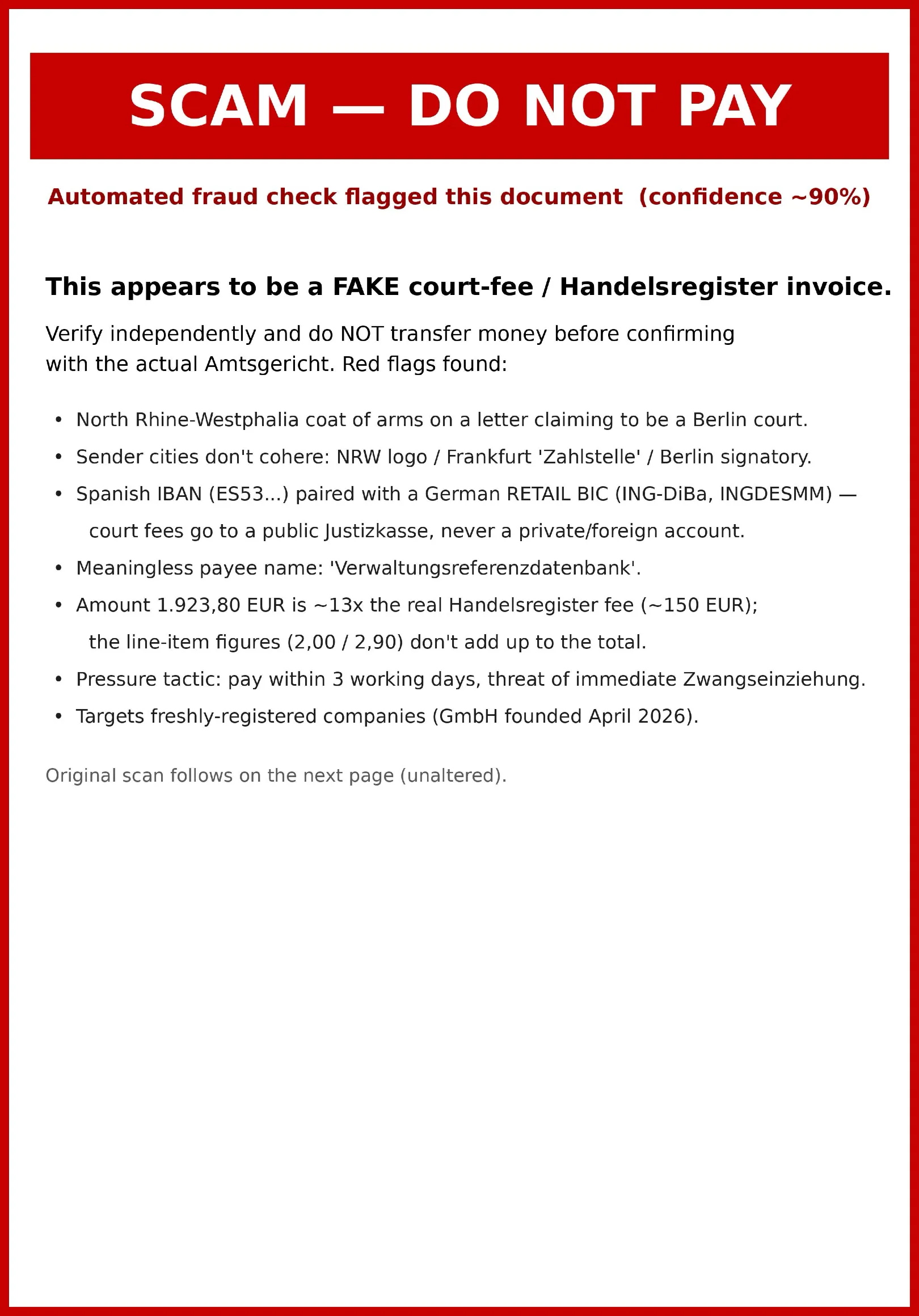 The auto-inserted warning page — in this case, around 90% scam probability